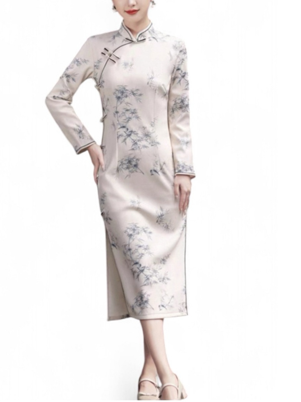 Elegant Beige Floral Cheongsam Midi Dress - Classic Mandarin Collar